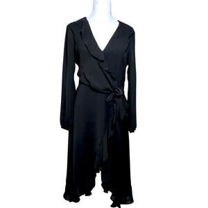 Parker Black Faux Wrap Dress Pauline Size 4 Ruffle Long Sleeve Quiet Luxury